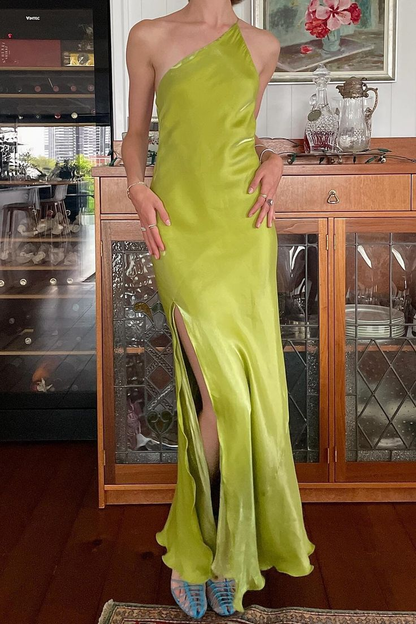 Elegant Green Sheath One Shoulder Long Party Prom Dress With Slit,Backless Evening Dress Y8550