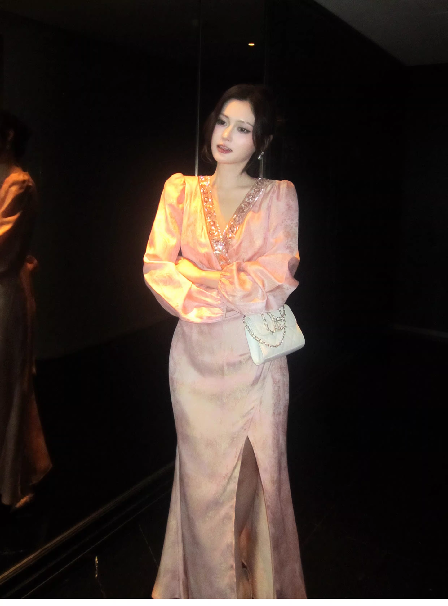 Glamorous V Neck Pink Satin Print Floral Beaded Mermaid Slit Evening Dress Long Birthday Prom Gown SP1542