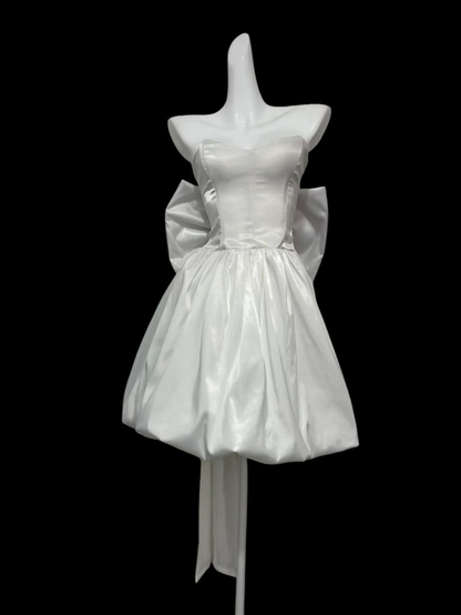 Elegant Strapless White Short Satin Short Homecoming Dress Birthday Dress With Bow SP3643