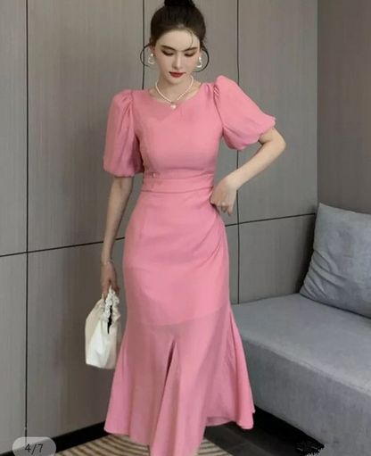 Classy Pink Puff Sleeves Mermaid Mid-length Prom Dress,Pink Cocktail Dress Y5599