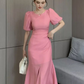 Classy Pink Puff Sleeves Mermaid Mid-length Prom Dress,Pink Cocktail Dress Y5599