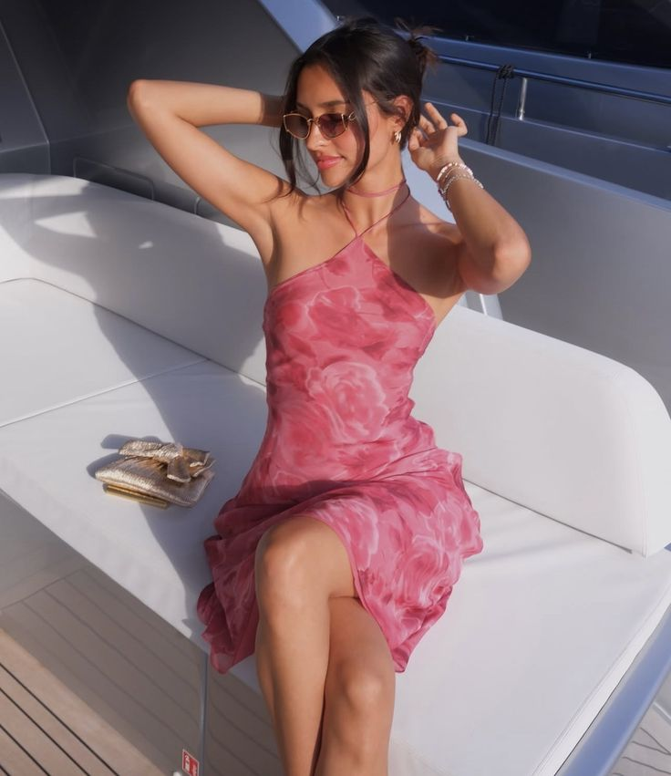 Elegant Pink Halter Chiffon Printed Floral Long Party Dress Prom Gown SP1005