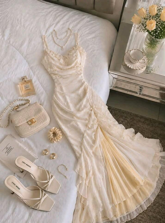 Charming Spaghetti Straps Chiffon Ruffles Mermaid Long Party Dress Birthday Prom Gown SP2682