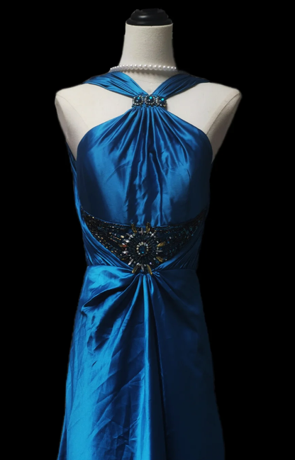 Sexy Halter Blue Sleeveless Satin Beaded Mermaid Evening Dress Long Wedding Guest Dress SP648