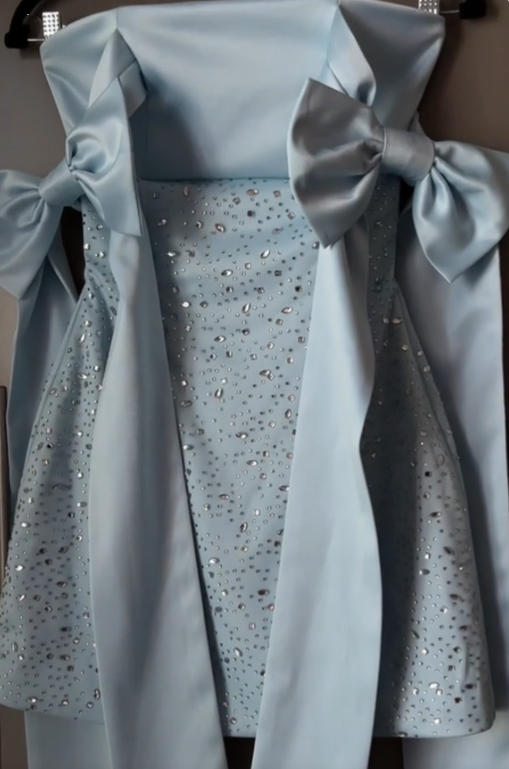Pretty Blue Bow Straps Satin Beaded Short Homecoming Dress Birthday Outfits SP2647