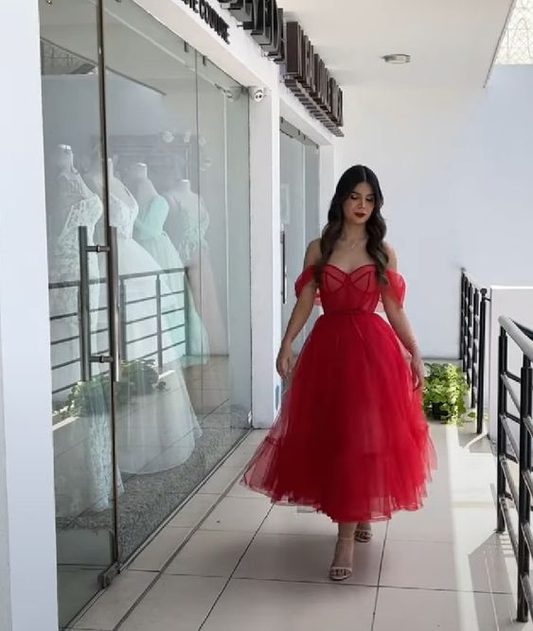 Red A-line Tulle Prom Dress,Red Birthday Party Dress Y6279
