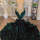 Sparkly Dark Green Mermaid Prom Dresses 2023 For Black Girls Golden Lace Appliques Beaded Tassels Velvet Sequins Party Gown Y4224