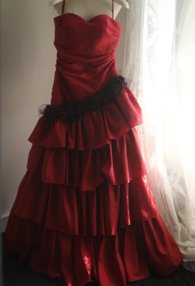 Vintage Red Strapless Satin Layered Mermaid Long Prom Dresses Evening Dress SP1174