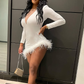 Solid Plunge Fluffy Irregular Party Dress White Dresses Sexy White Homecoming Dress Y332