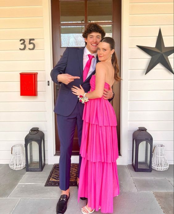 Trendy Pink Strapless A-line Tiered Prom Dress Y6387