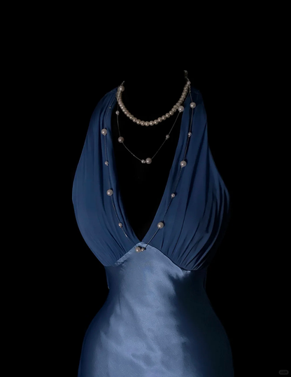 Classy Halter V Neck Satin Chiffon Mermaid Long Party Dress Blue Long Birthday Prom Dress SP4063