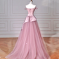 Elegant Feathers Neck Strapless Tulle Satin Ball Gown,Pink A Line Prom Evening Dress Y8629