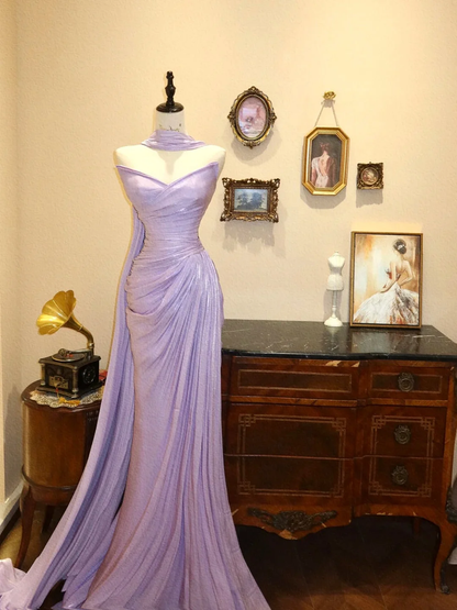 Classy Purple Strapless Satin Pleated Mermaid Long Evening Dress Formal Prom Gown With Ribbon SP406
