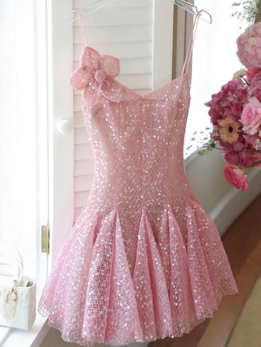 Sparkly Pink Spaghetti Straps Sequin A Line Short Homecoming Dress Cocktail Dress SP2649