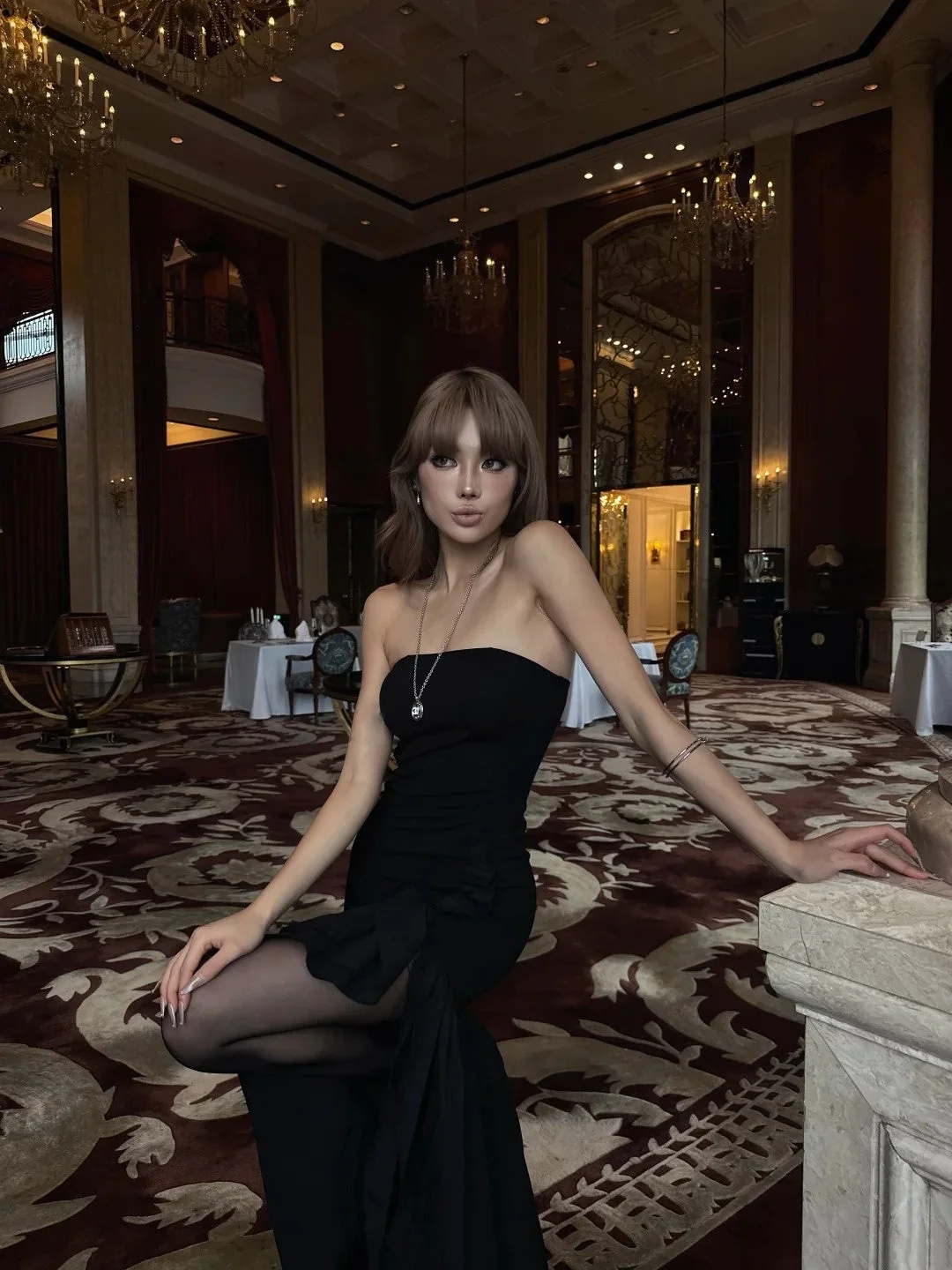 Sexy Strapless Black Satin With Ruffles Mermaid Long Birthday Party Gown Evening Dresses SP4112