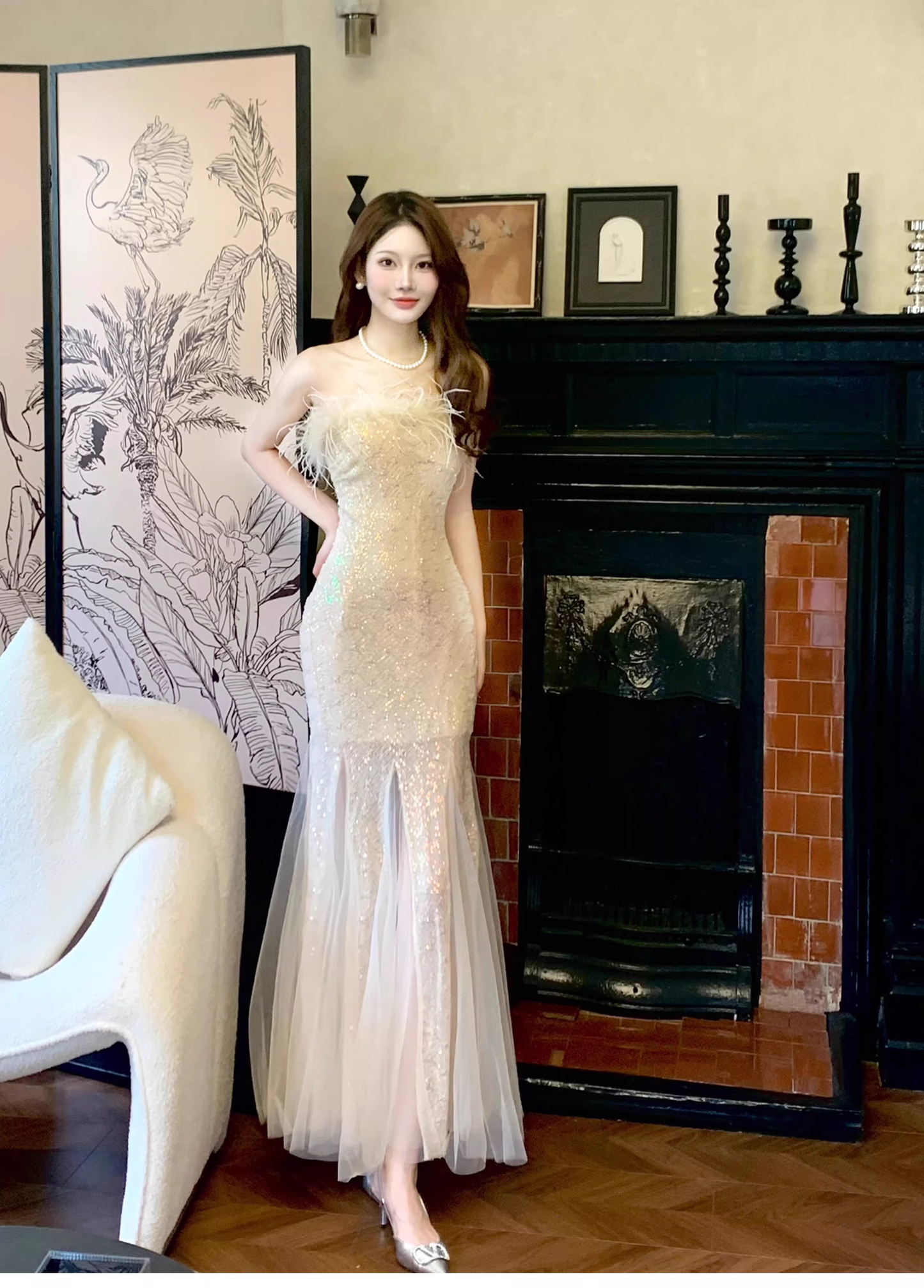 Sexy Feathers Strapless Sequin Tulle Mermaid Long Party Dress Formal 19th Birthday Outfits SP1991