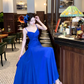 Unique Spaghetti Straps Royal Blue Pleated Satin Long Party Dress 19th Birthday Outfits SP2014