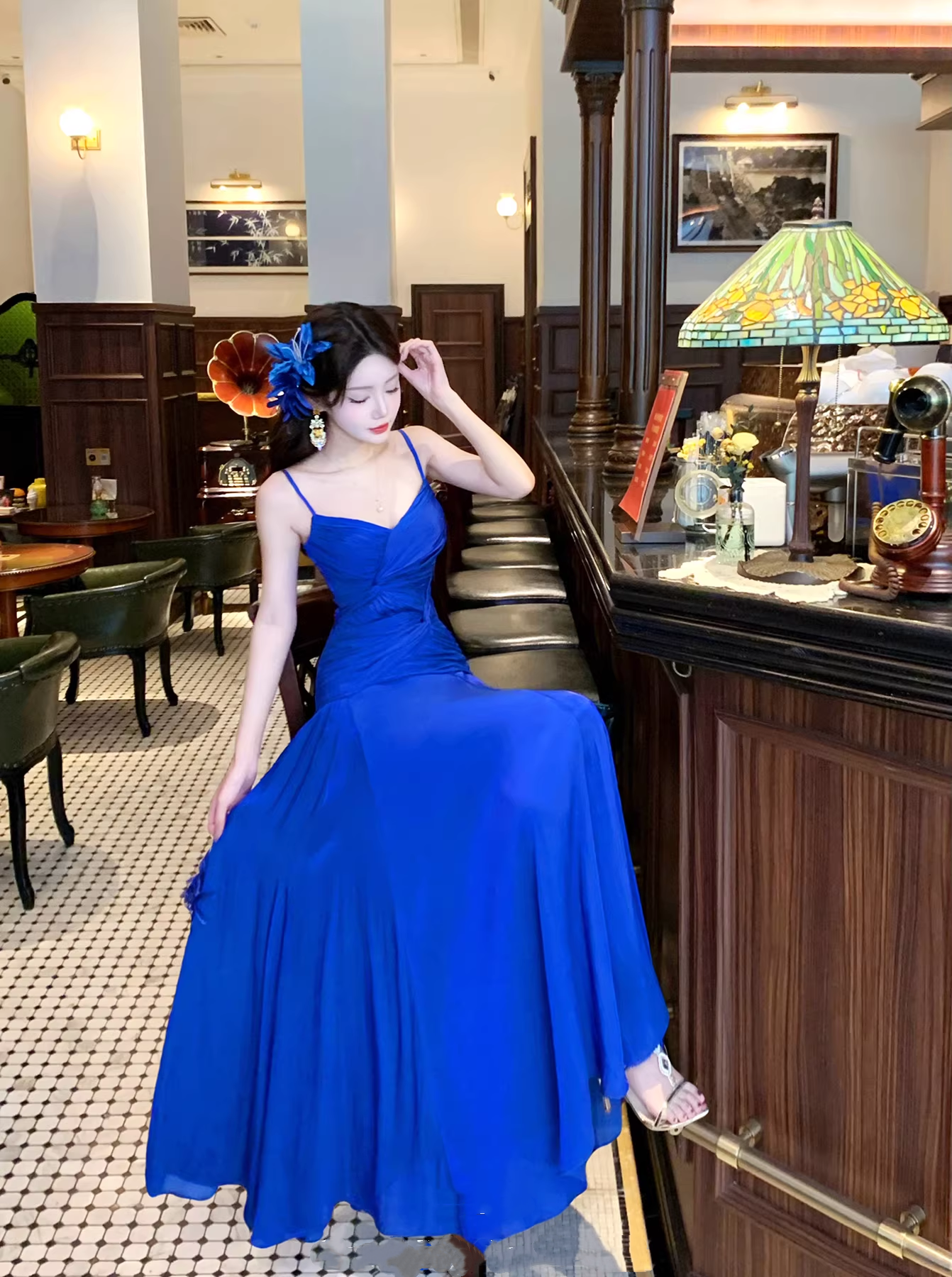Unique Spaghetti Straps Royal Blue Pleated Satin Long Party Dress 19th Birthday Outfits SP2014