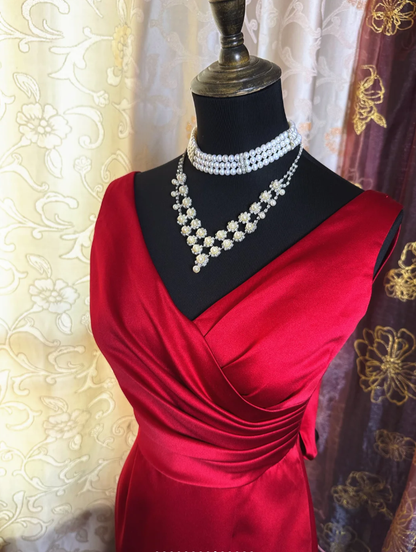 Classy Burgundy V Neck Satin Pleated Mermaid Party Dress Backless Long Birthday Prom Dress SP1949