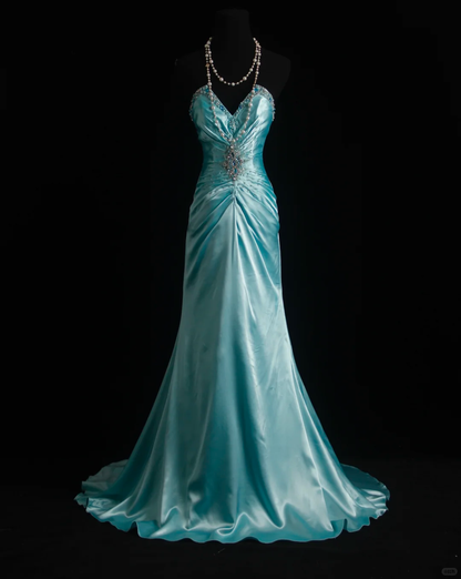 Gorgeous Blue Strapless Satin Pleated Beaded Mermaid Party Dress Long Prom Dresses SP2154