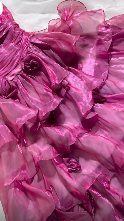 Glamorous Strapless Tulle Beaded Ruffle Layered Long Party Dress Fuchsia Long Evening Dress SP3739