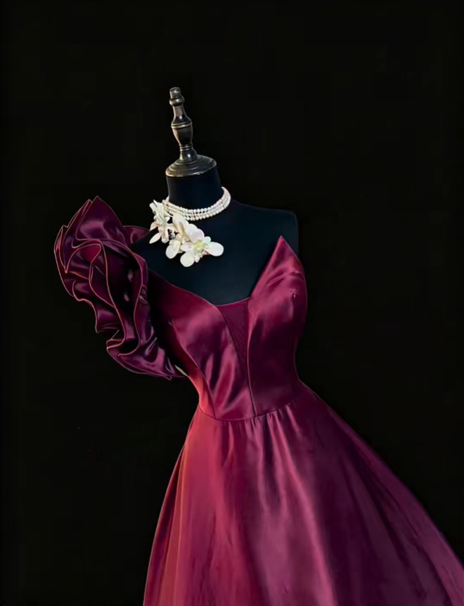 Vintage One Shoulder Ball Gown Burgundy Satin Ruffles Long Party Dress SP2768