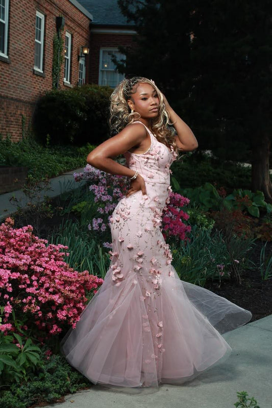 Elegant Pink Spaghetti Straps Tulle Sequin Appliques Mermaid Long Prom Dress Party Gown SP2689