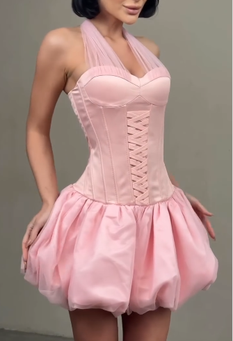 Sweet Halter Pink Satin Tulle A Line Short 19th Birthday Outfits,Mini Homecoming Dress SP3220