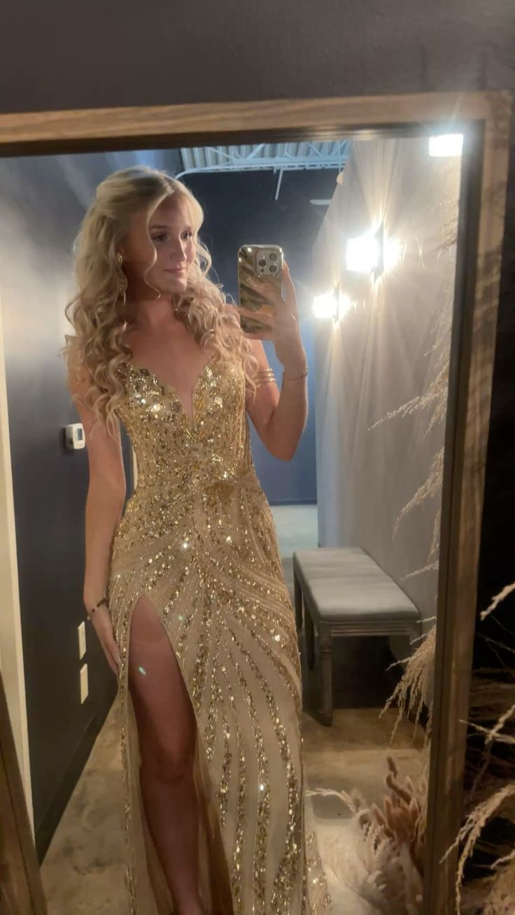 Sparkly Spaghetti Straps Gold Tulle Sequin Slit Mermaid Evening Dress Long Prom Gowns SP383