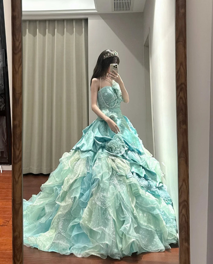 Chic Strapless Tulle Satin Beaded Ruffles Long Ball Gown Green Sweet Princess Quinceanera Dress SP1190