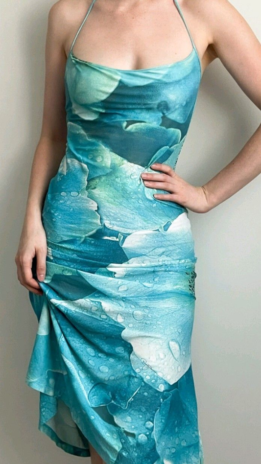 Unique Blue Halter Satin Print Mermaid Long Prom Dress Party Gown SP688