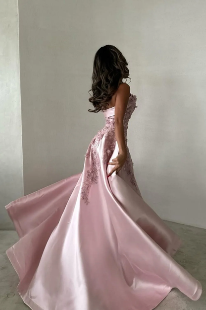 Gorgeous Pink Strapless Satin Appliques Evening Dress,Formal Prom Dress Y8427