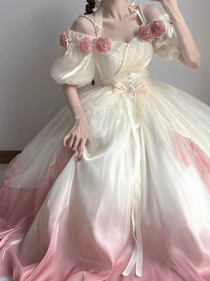 Roses Flowers Masquerade Prom Dress Pink Gradient Floral Party Dress With Pearls Y2401