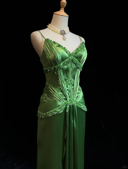 Chic Spaghetti Straps Green Satin Beaded Mermaid Long Party Dress Formal Prom Gown SP365