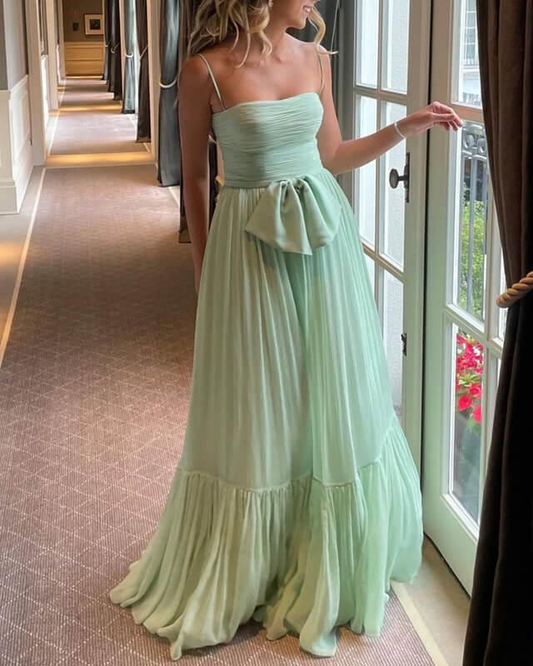 Light Green Pleated Tulle Spaghetti Strap Prom Dress Y5946