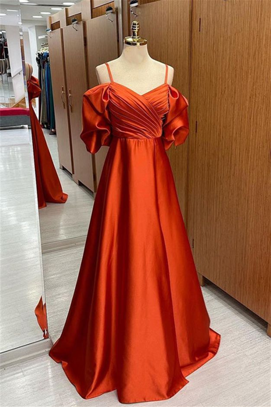 Rust Orange Off-the-Shoulder Straps Pleated Satin Long Prom Dress Y6332