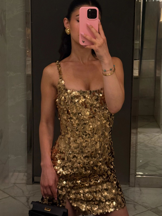 Gorgeous Spaghetti Straps Gold Sequin Short Cocktail Dress,Formal Graduation Homecoming Dress SP2999