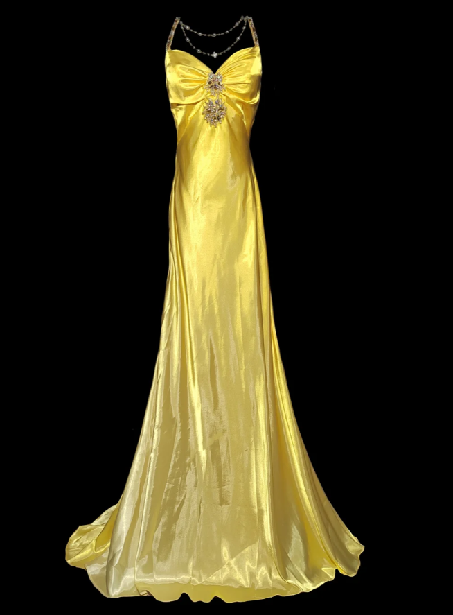 Pretty Yellow Satin Beaded Mermaid Evening Dress Backless Long Birthday Prom Dress SP475