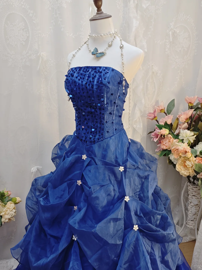 Elegant Royal Blue Ball Gown Strapless Satin Tulle Pleated Sequin Beaded Long Party Dress Birthday Dress SP2263