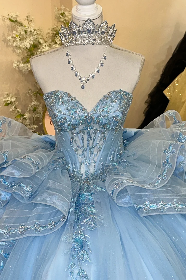 Pretty Strapless Blue Tulle Sequins Appliques Ruffles Tiered Bow Knot Sweet 15 Dress Quinceanera Dress SP571
