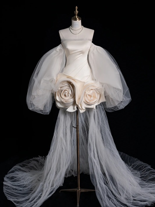Pretty Strapless White Satin Tulle Rose Flowers Formal Short Wedding Dress Bridal Dress Y9692