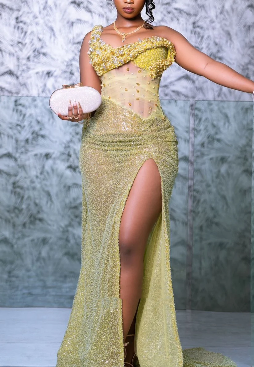 Sparkly Sequin Pearl Beaded Side Slit Mermaid Prom Dress Light Olive Green Long Party Dress SP4204