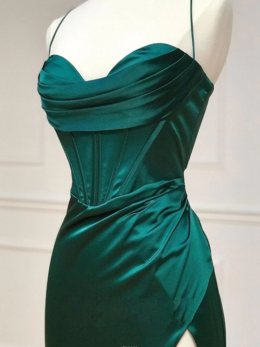 Green Sweetheart Neck Satin Long Prom Dress, Green Evening Dresses Y4395