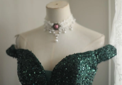 Vintage Off The Shoulder Green Sequin Slit Mermaid Wedding Guest Dress Long Party Dress SP1261