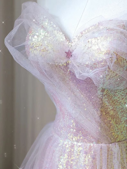 Shiny Tulle Sequins Long Prom Dress, A-Line Off the Shoulder Evening Dress Y1416