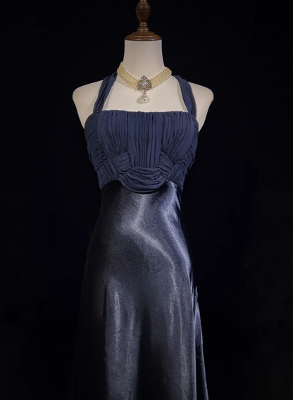 Classy Halter Navy Blue Satin Mermaid Long Wedding Guest Dress Party Dress Prom Gown SP1280