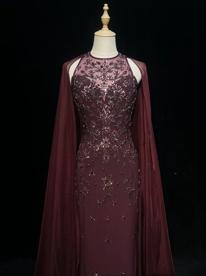 Gorgeous Burgundy Sleeveless Chiffon Beaded Mermaid Long Evening Dress Backless Birthday Dress SP1786