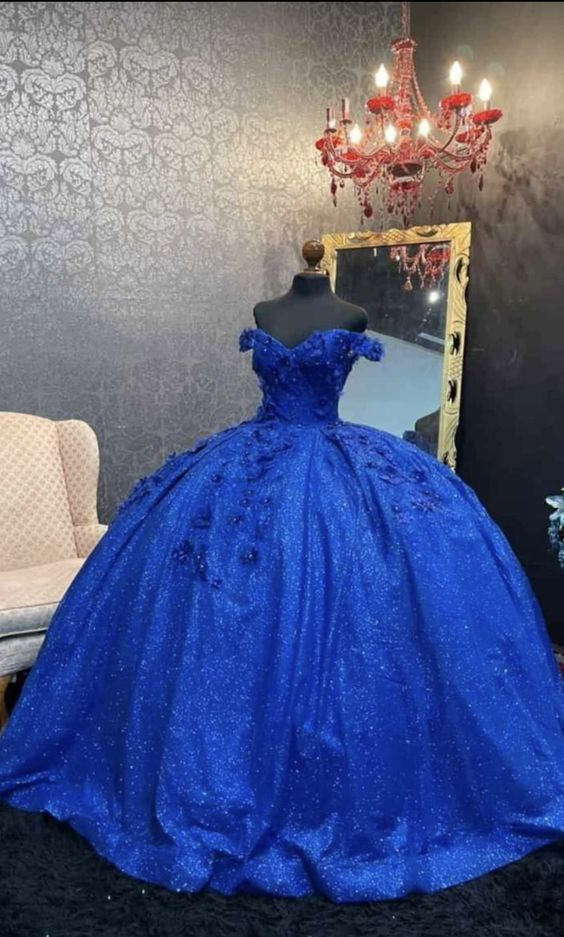 Ball Gown Off The Shoulder Sequin Quinceanera Dresses Royal Blue Sweet 16 Dress 3D Florals Y5564
