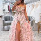 A Line Pink Floral Long Prom Dresses with High Slit, Formal Graduation Evening Dresses Y5893