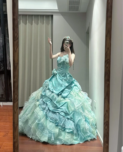 Chic Strapless Tulle Satin Beaded Ruffles Long Ball Gown Green Sweet Princess Quinceanera Dress SP1190